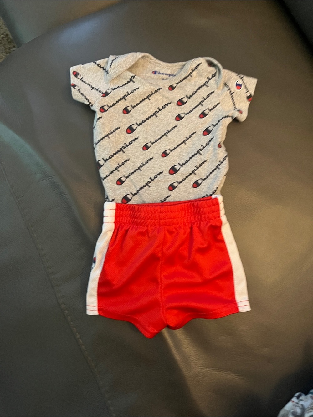 Champion Grey Logo Onesie with Red Athletic Shorts